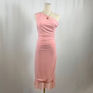 Elegant Pink One Shoulder Ruched Midi Dress Ruffle Hem